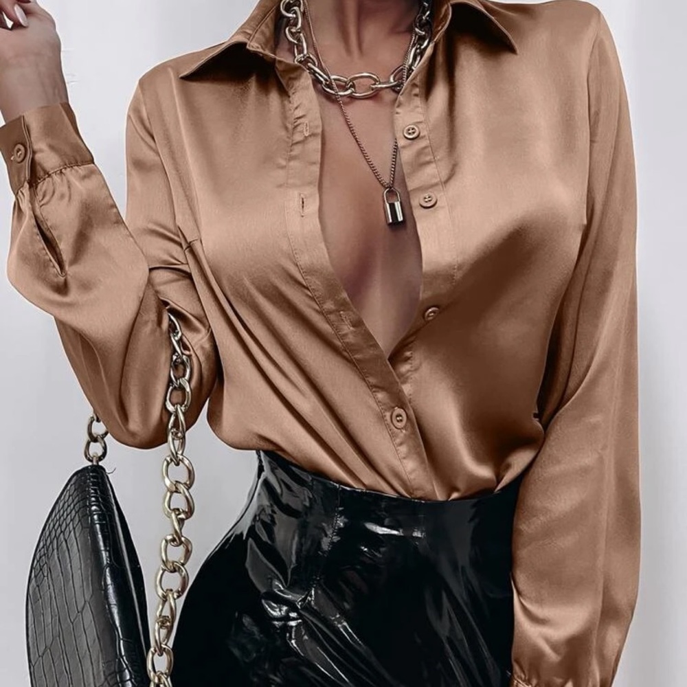 Satin silky button up down shirt sexy business professional casual holiday - Picture 3 of 15